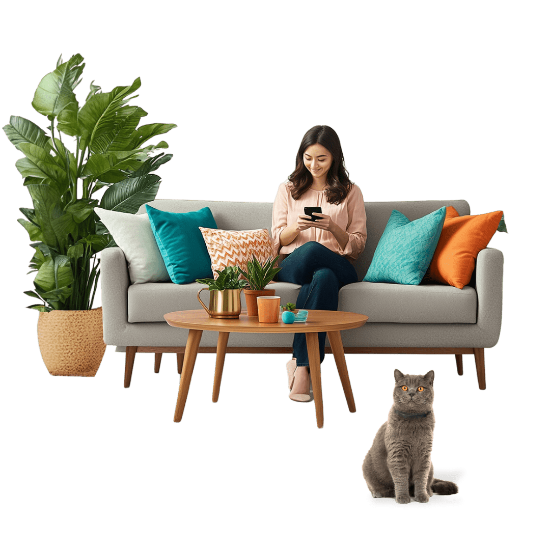 Woman sitting on a gray sofa with colorful cushions, surrounded by plants and a cat, on a transparent background.